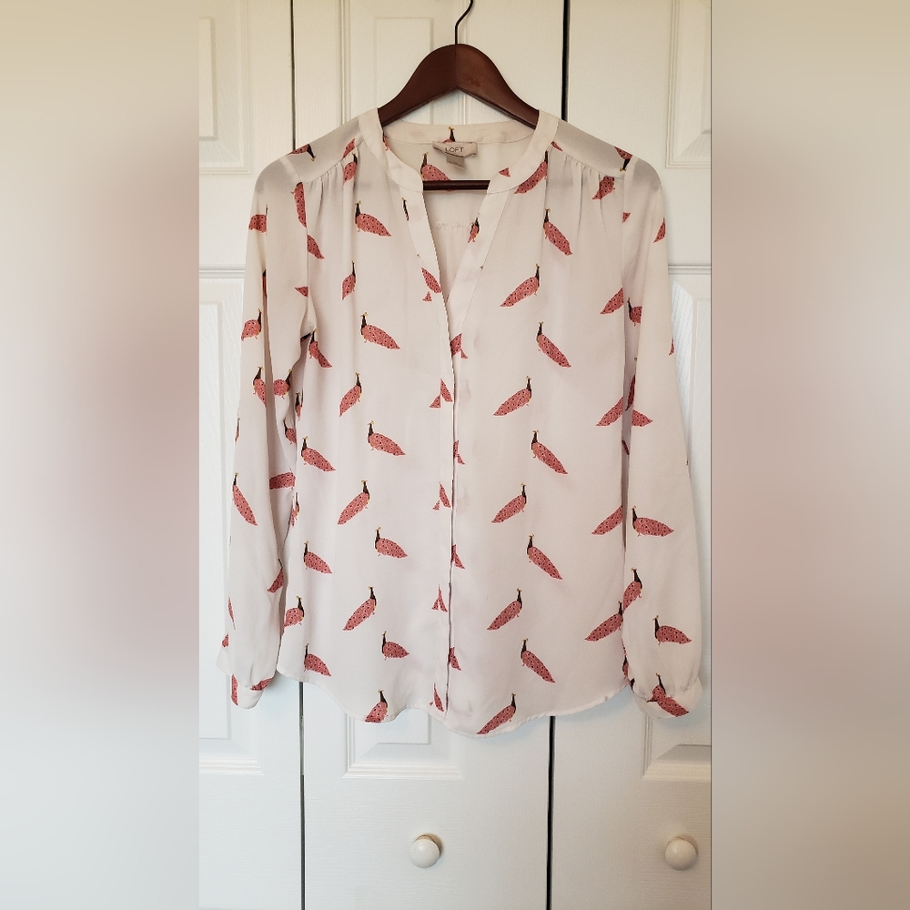 Loft Pink and White Peacock Print Blouse